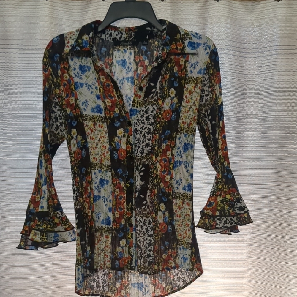 Milano Black Multi Floral Patchwork Button-Front … - image 2